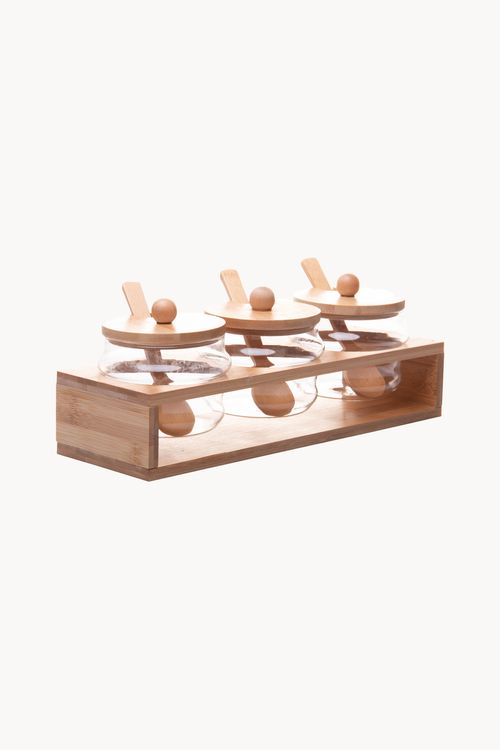 Conjunto de Potes  em Vidro com Colher e Rack em Bambu 4 Peças 275ml