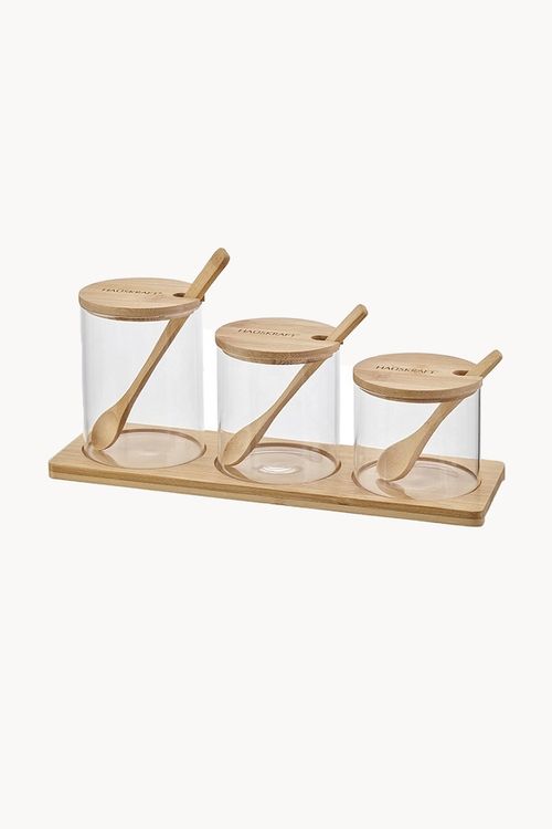 Conjunto de Potes Condimento com Colher de Bambu 3 Peças