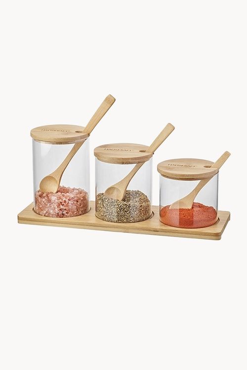 Conjunto de Potes Condimento com Colher de Bambu 3 Peças