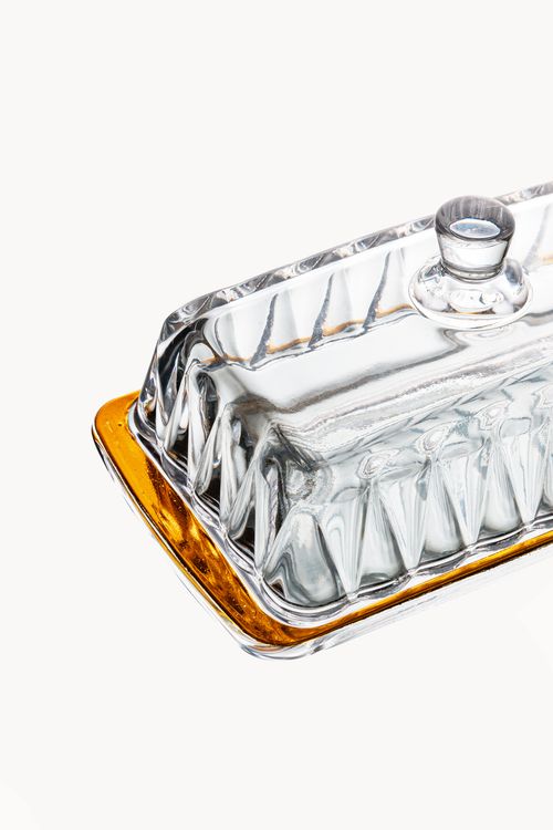 Manteigueira em Cristal com Tampa e Filete Dourado