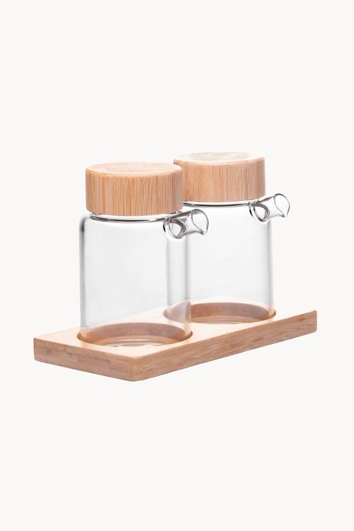 Conjunto de Galheteiro em Vidro Borossilicato com Tampa Bambu 3 Peças