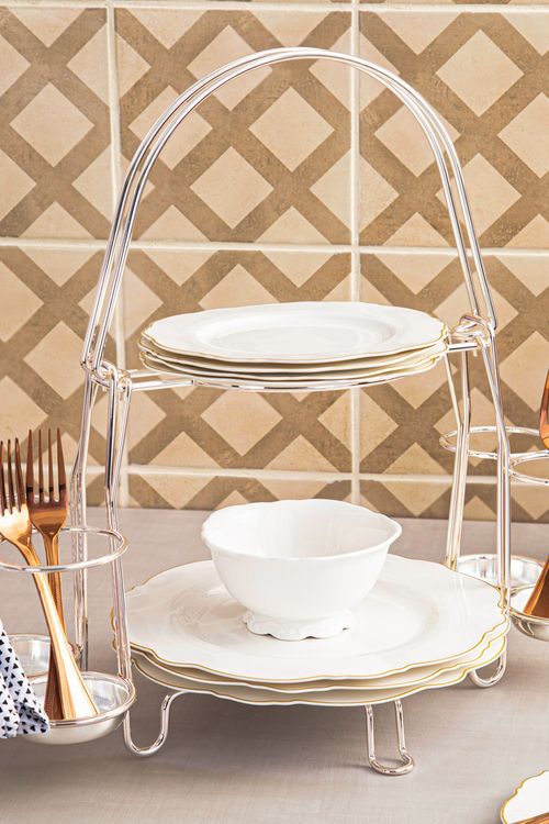 Conjunto de 6 Pratos de Sobremesa Maldivas em Porcelana com Filete Dourado