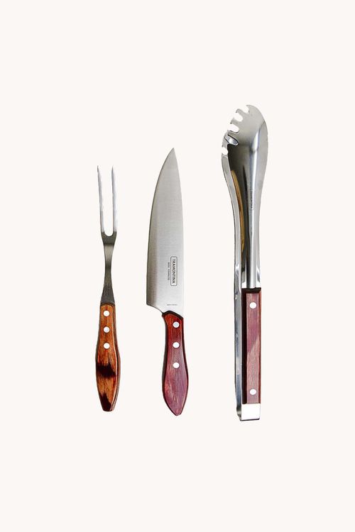 Conjunto de  Churrasco Polywood em Aço Inox 3 Peças