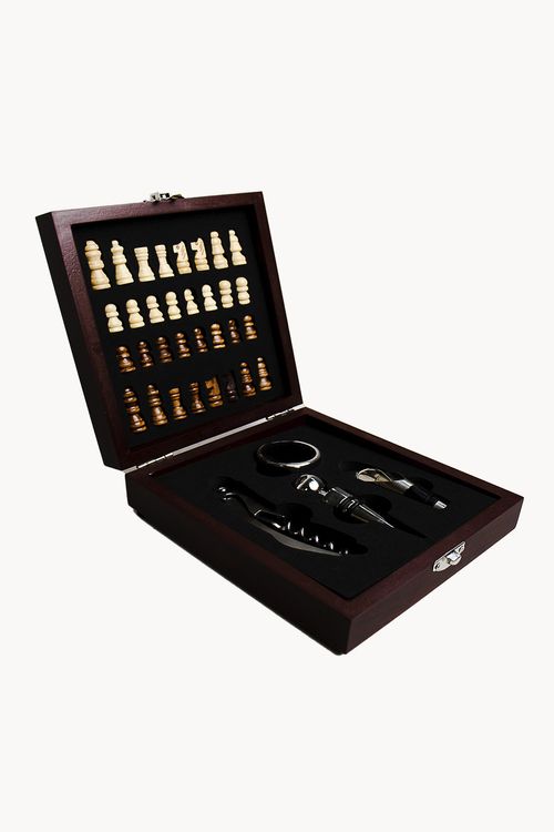 Conjunto para Vinho  em Aço Inox com Caixa e Peças de Xadrez