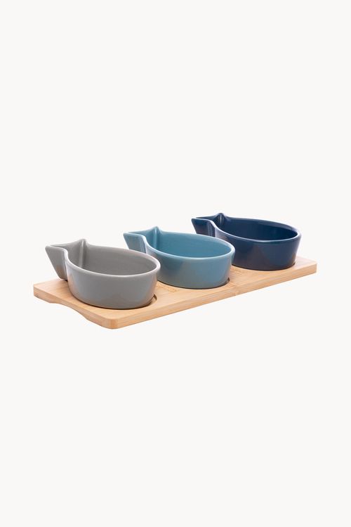 Conjunto de Petisqueira em Cerâmica com Base em Bambu 4 Peças