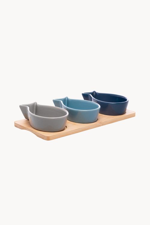 Conjunto de Petisqueira em Cerâmica com Base em Bambu 4 Peças
