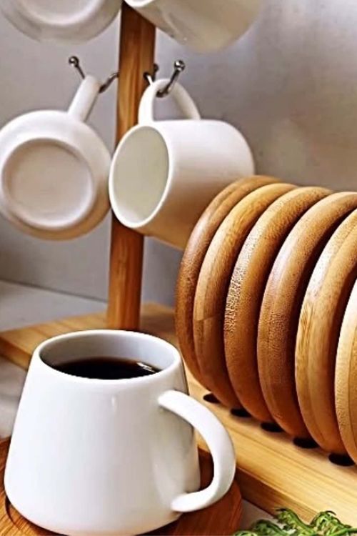 Conjunto de Xicaras de Café em Cerâmica com Suporte em Madeira 7 Peças 90Ml