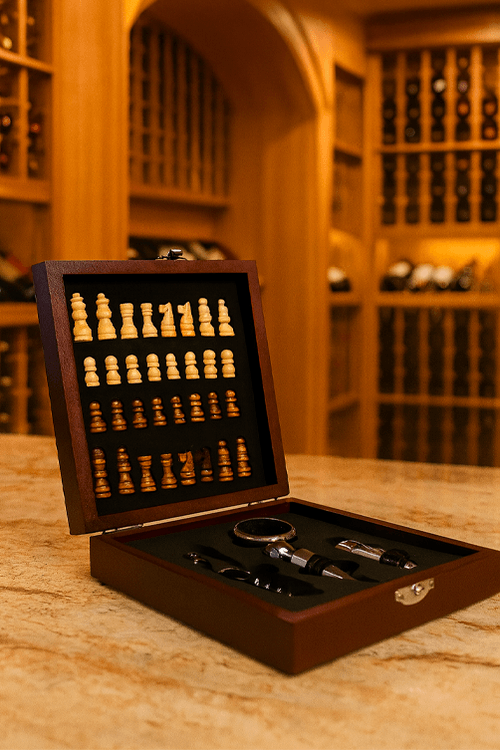 Conjunto para Vinho  em Aço Inox com Caixa e Peças de Xadrez