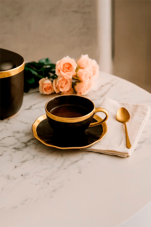 Xícara de Chá de Porcelana Dubai Preto e Dourado 200ml