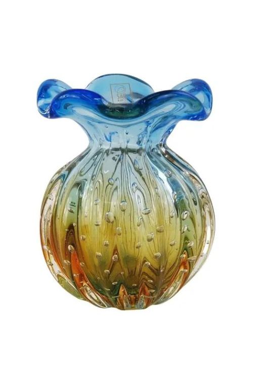 Vaso Trouxinha De Murano Azul e Âmbar em Vidro Grande