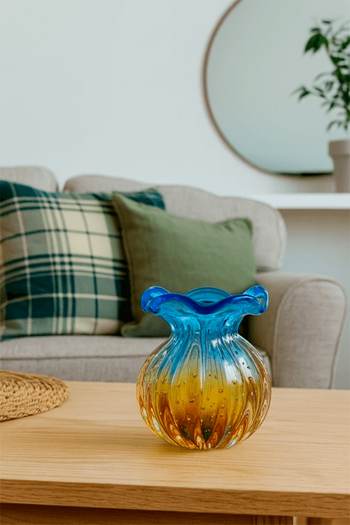 Vaso Trouxinha De Murano Azul e Âmbar em Vidro