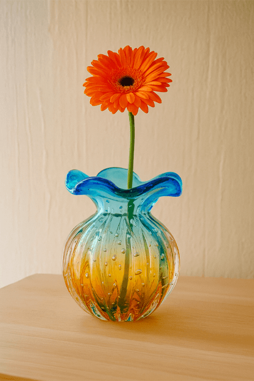 Vaso Trouxinha De Murano Azul e Âmbar em Vidro Grande