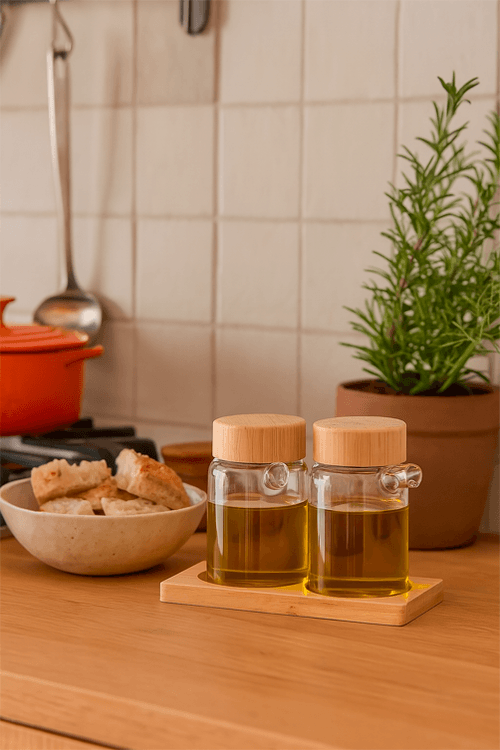 Conjunto de Galheteiro em Vidro Borossilicato com Tampa Bambu 3 Peças
