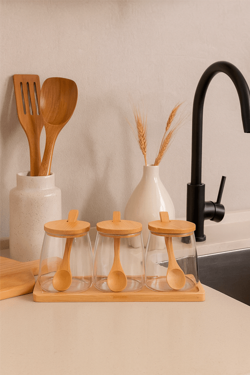 Conjunto de Potes em Vidro com Colher e Bandeja em Bambu 4 Peças 350ml