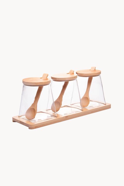 Conjunto de Potes em Vidro com Colher e Bandeja em Bambu 4 Peças 350ml