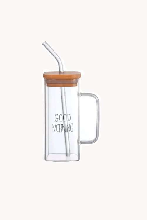 Copo com Canudo em Vidro com Tampa em Bambu 400ML