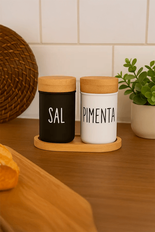 Saleiro e Pimenteiro 3 Peças com Base de Bambu Doha 90ml
