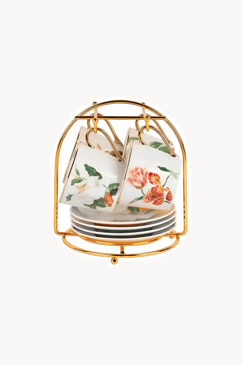 Conjunto de Café Blummen 90ml Porcelana Borda e Suporte Dourado