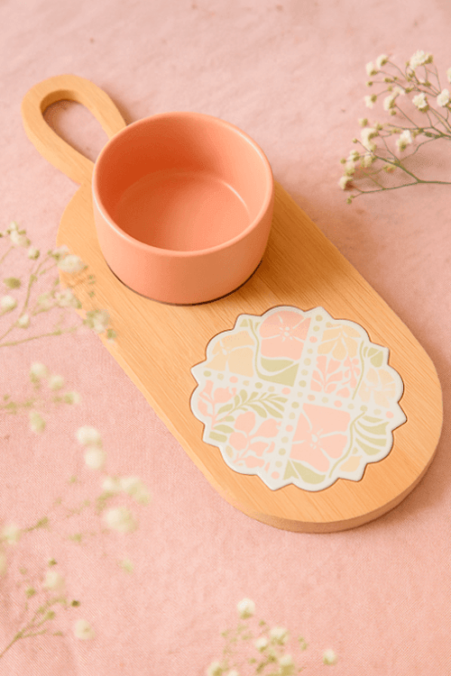 Conjunto 3 Peças Petisqueira com Bandeja e Tábua Floral Bambu