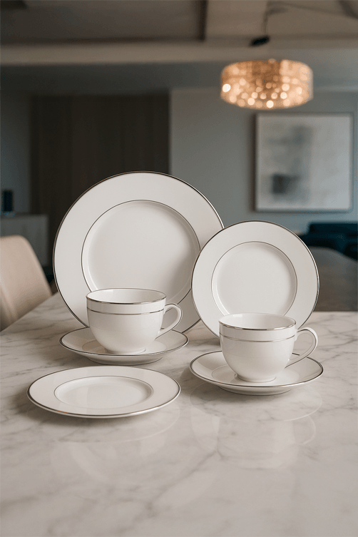 Aparelho de Jantar com Borda Prateada Monaco Branco em Porcelana 42 Pecas4