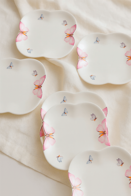 Conjunto de 06 Pratos de Sobremesa Borboleta em Porcelana