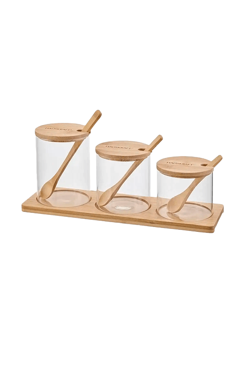 Conjunto de Potes Condimento com Colher de Bambu 3 Pecas