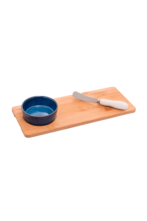 Conjunto Petisqueira em Ceramica com Bandeja de Bambu 3 Pecas