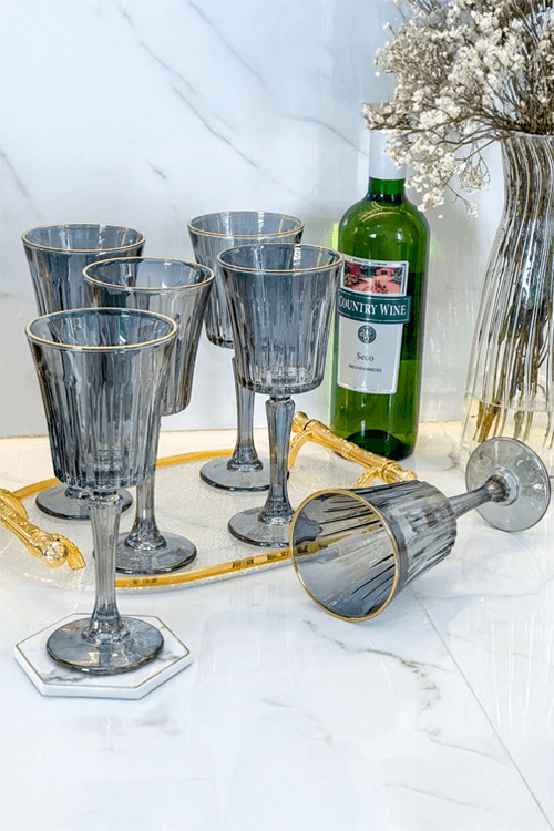 Conjunto de 6 Taças Fumê Egeu com Filete Dourado em Vidro 260ml