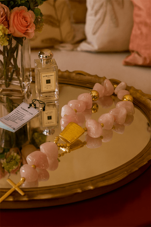 Colar de Mesa Médio Rosario Pai Nosso Quartzo Rosa