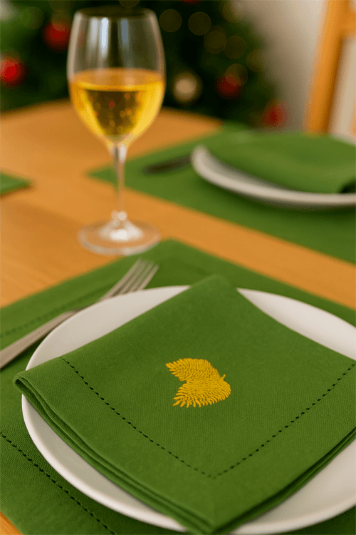 Guardanapo Natalino de Algodão Verde com Pinha Dourada