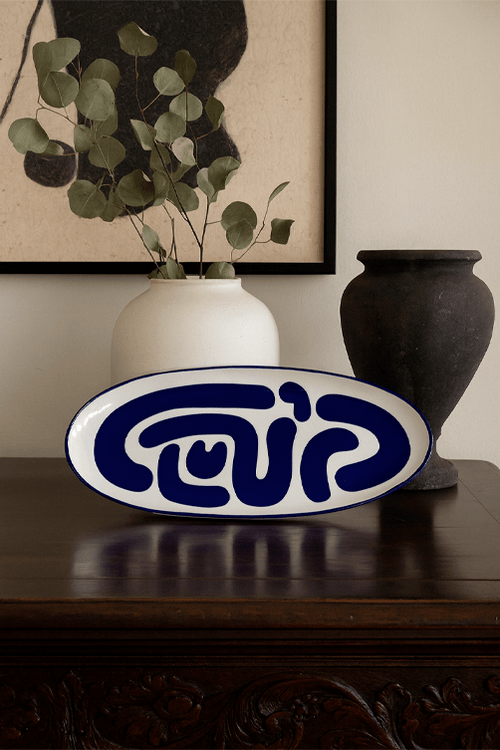 Bandeja Grande Oval em Cerâmica Branco e Azul