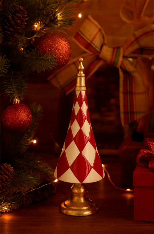 Árvore Natalina Decorativa Vermelha e Branca em Resina