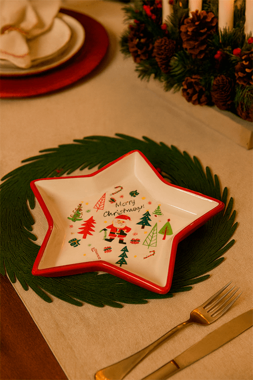 Prato Natalino de Estrela Merry Christmas em Cerâmica