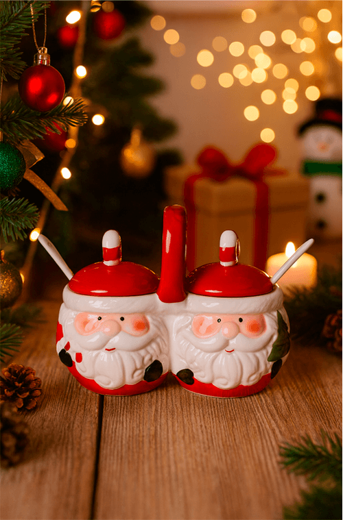 Potes Natalino com Tampa e Colher em Cerãmica