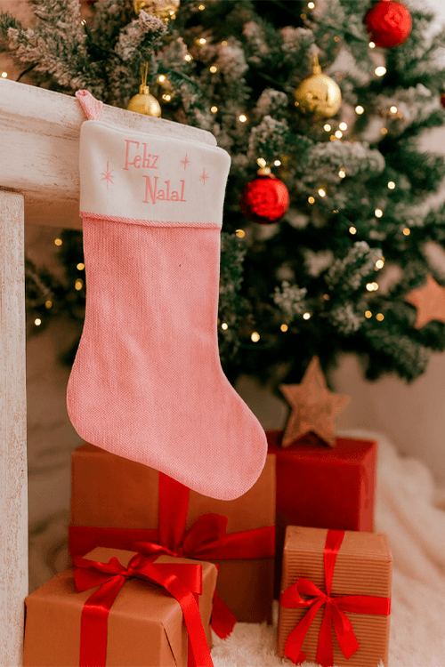 Enfeite Natalina Bota Feliz Natal Rosa