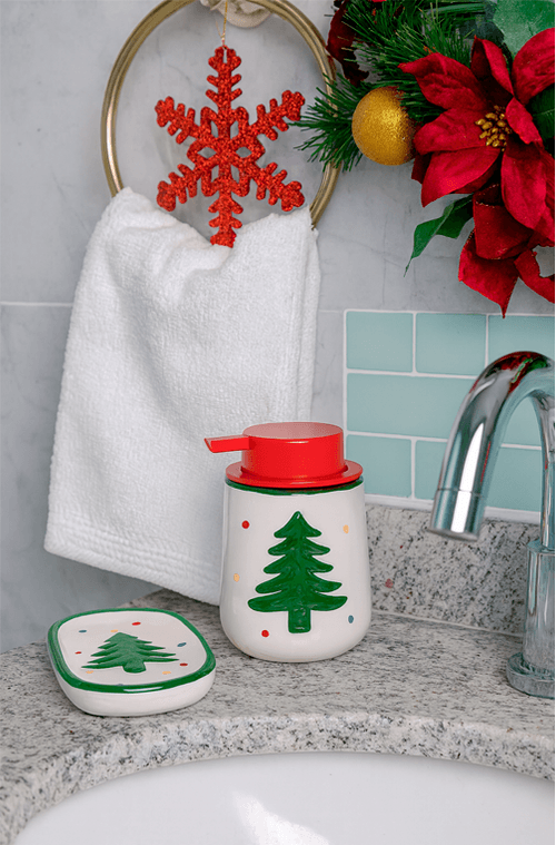 Conjunto Porta Sabonete Líquido e em Barra Árvore de Natal
