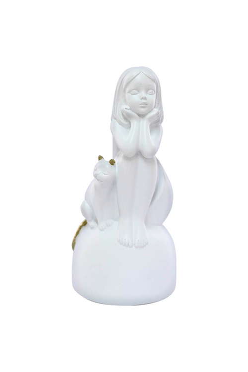 Escultura Menina Sentada com Gato em Resina Branco
