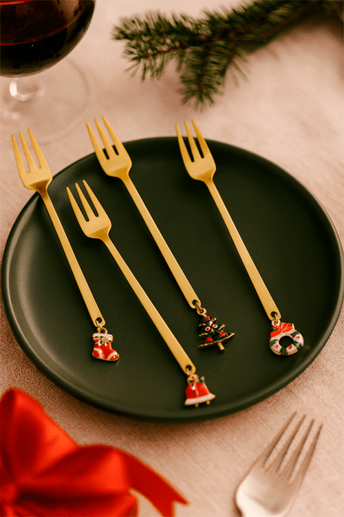Conjunto de 4 Garfos para Aperitivo Natalino Dourado