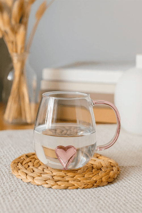 Caneca com Coração Rosa 3D de Vidro Borossilicato 350ml