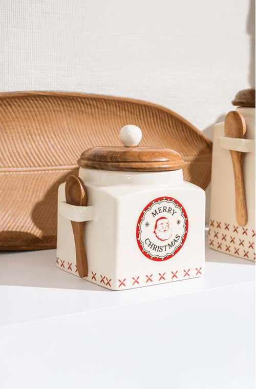 Pote com Tampa Versailles Natalino em Cerâmica Merry Christmas Pequeno