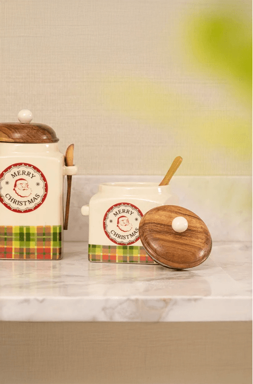 Pote com Tampa Versailles Natalino em Cêramica Xadrez Merry Christmas