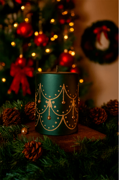 Vela Natalina Decorativa em Parafina com Perola Verde e Dourado Pequena