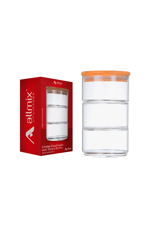 Porta Condimento 3 em 1 Empilhável com Tampa Bambu