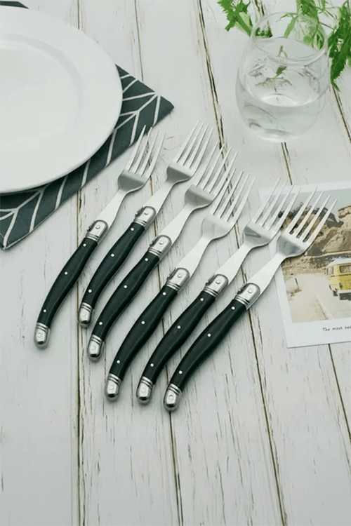 Conjunto de Garfos Estilo Laguiole em Aço Inox com Cabo Preto 6 Peças