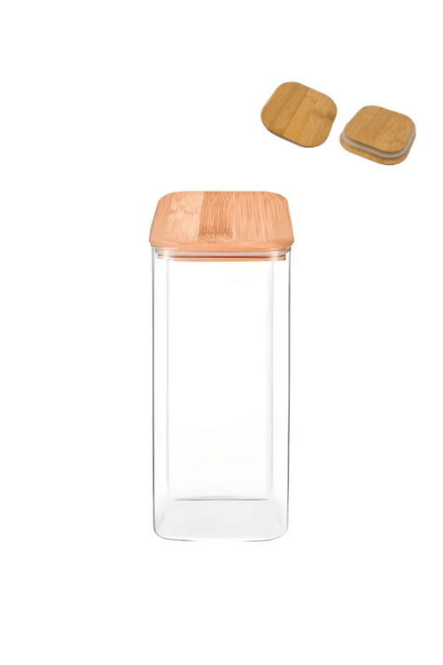 Pote Quadrado em Vidro Borossilicato com Tampa de Bambu 1,4L