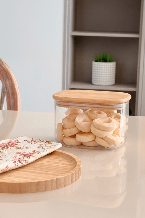 Pote Retangular de Vidro Borossilicato com Tampa Bambu 1L