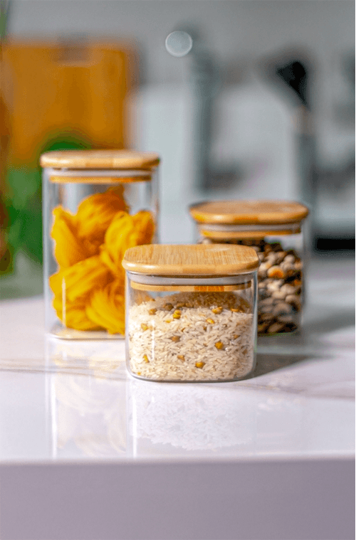 Pote Borossilicato Quadrado com Tampa Bambu 600ml