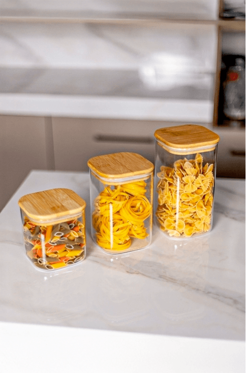 Pote de Vidro Borossilicato Quadrado com Tampa Bambu 800ml